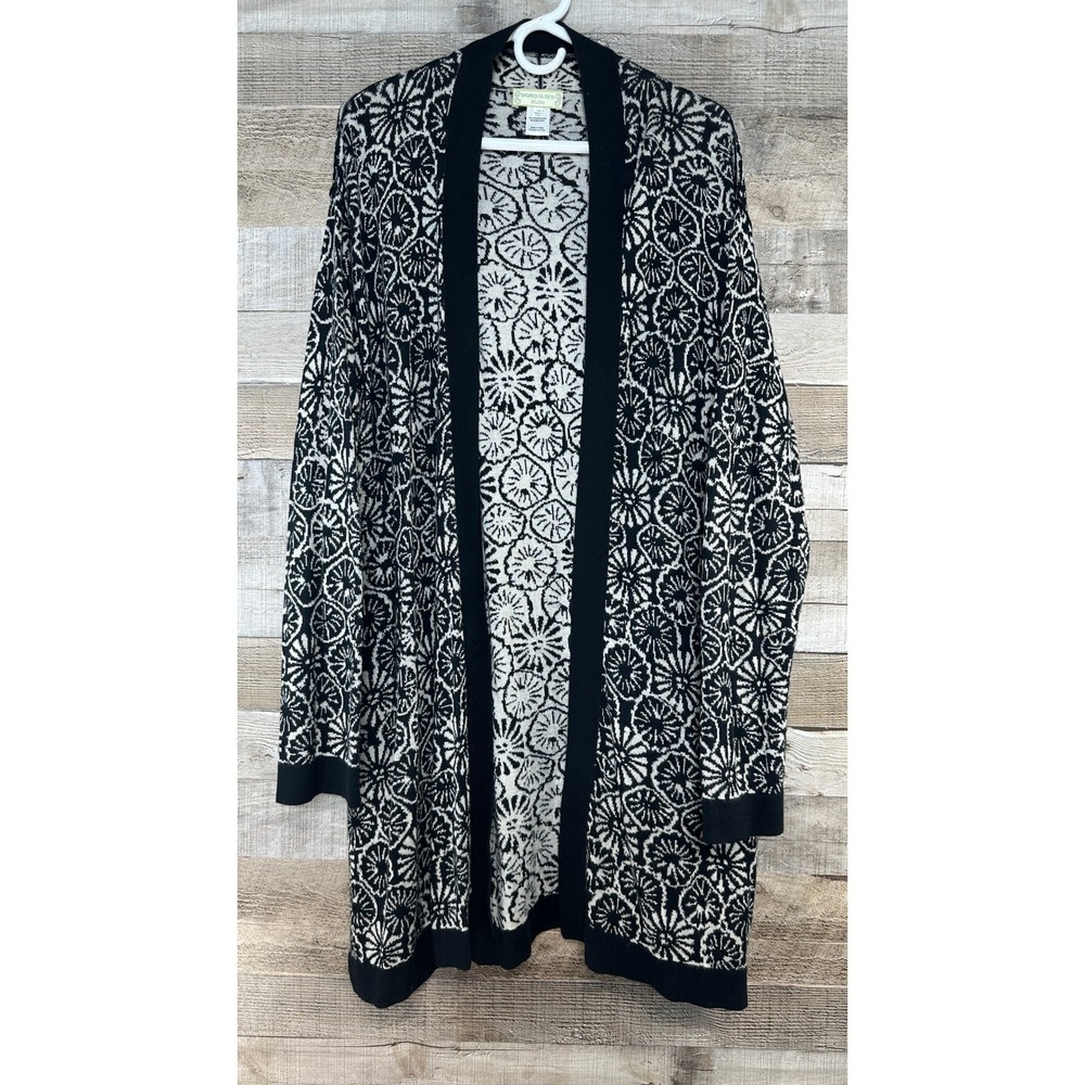 Sigrid Olsen Studio Women 1X Duster Cardigan Black Ivory Floral Open Front Knit
